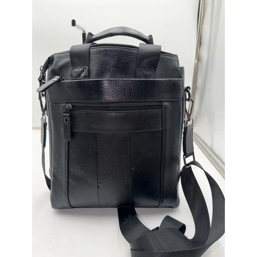 Cheer Soul Black Pebbled Leather Messenger Bag Crossbody Multi Pocket Travel Bag